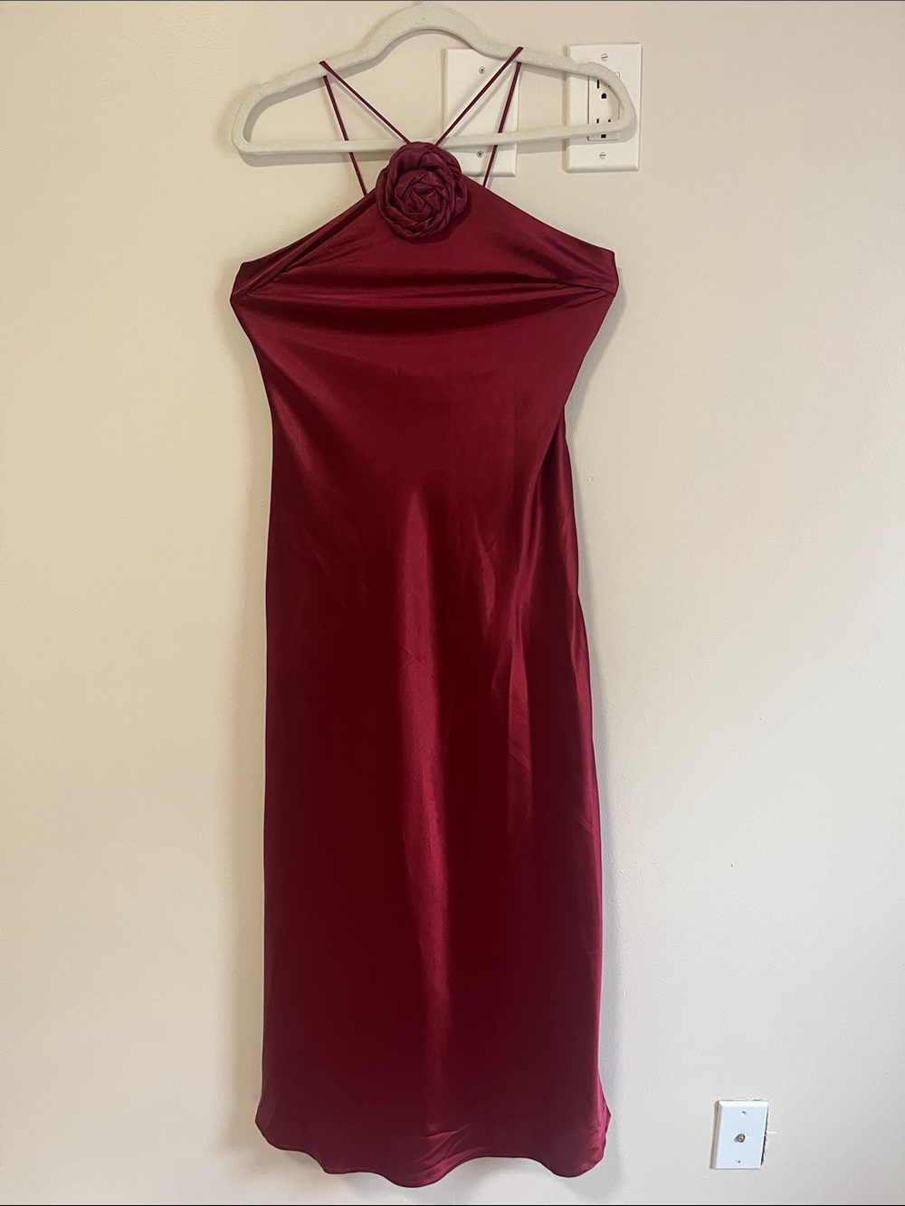 Satin Rose Halter Midi Dress - Burgundy